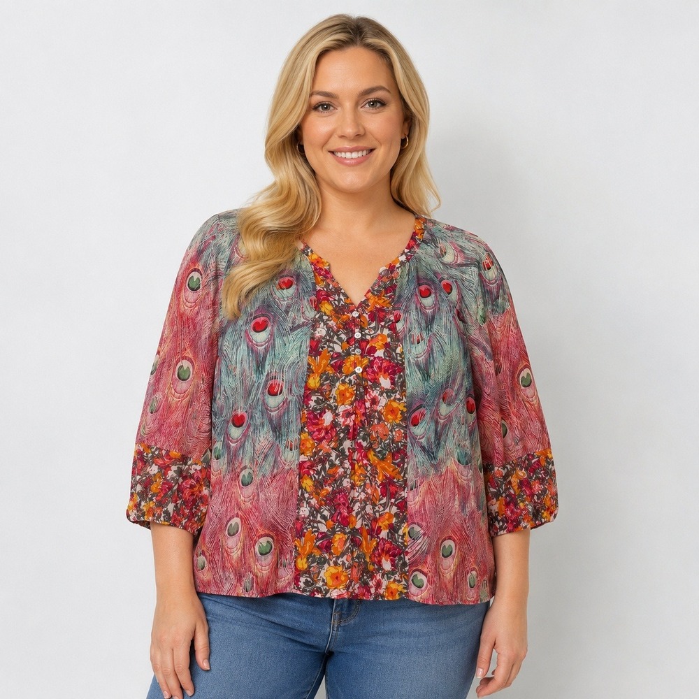 Fig and Flower Women's S Peacock Floral Sheer Peasant Blouse 3/4 Sleeve
